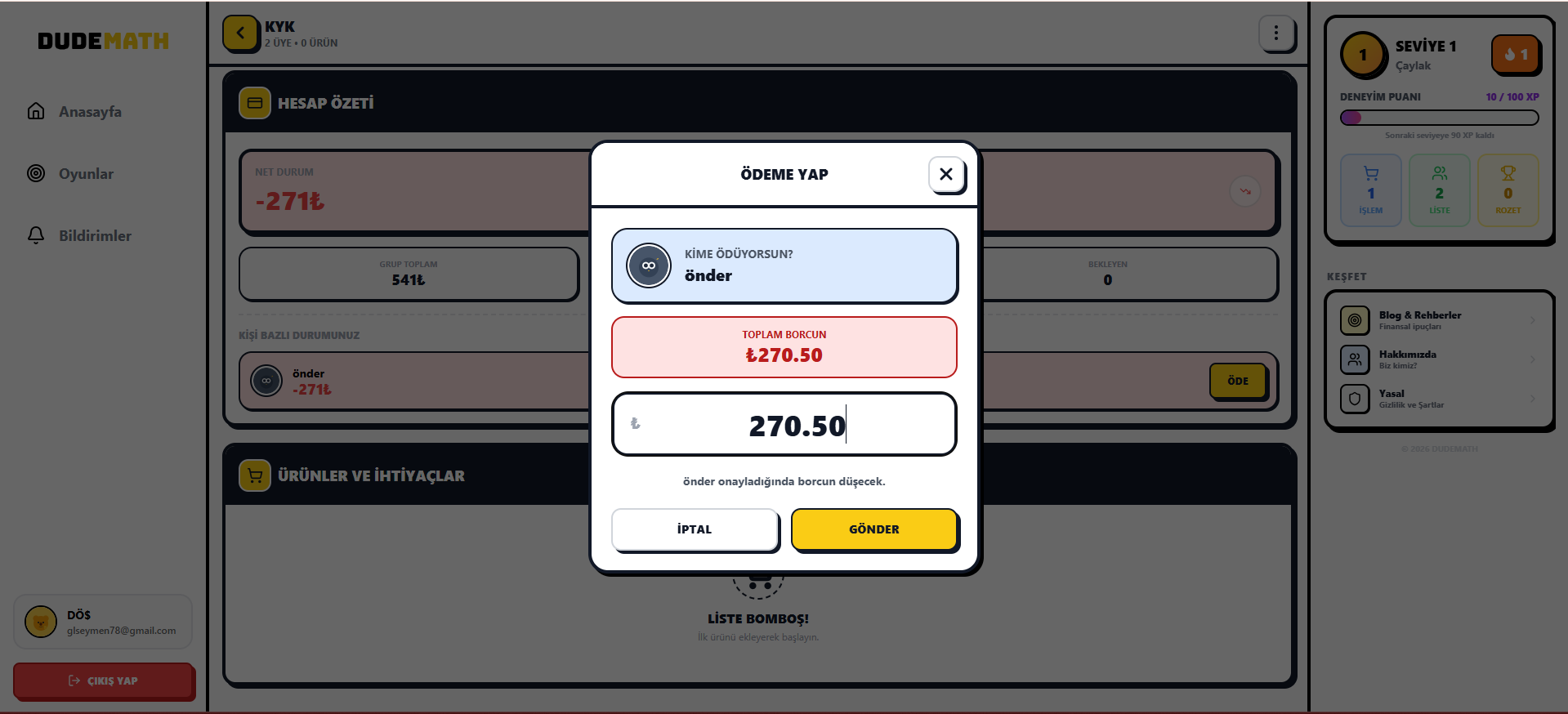 Çiftler için Ay Sonu Bakiye Denge Ekranı