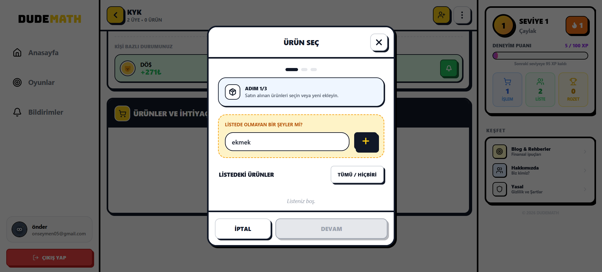 Harcama Ekleme Ekranı - Adım 1