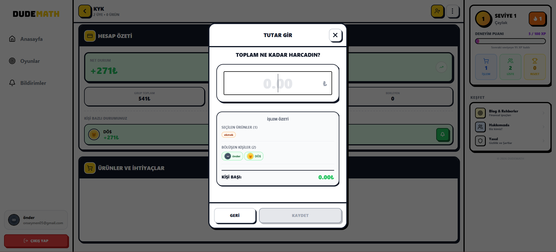 Harcama Ekleme Ekranı - Adım 3