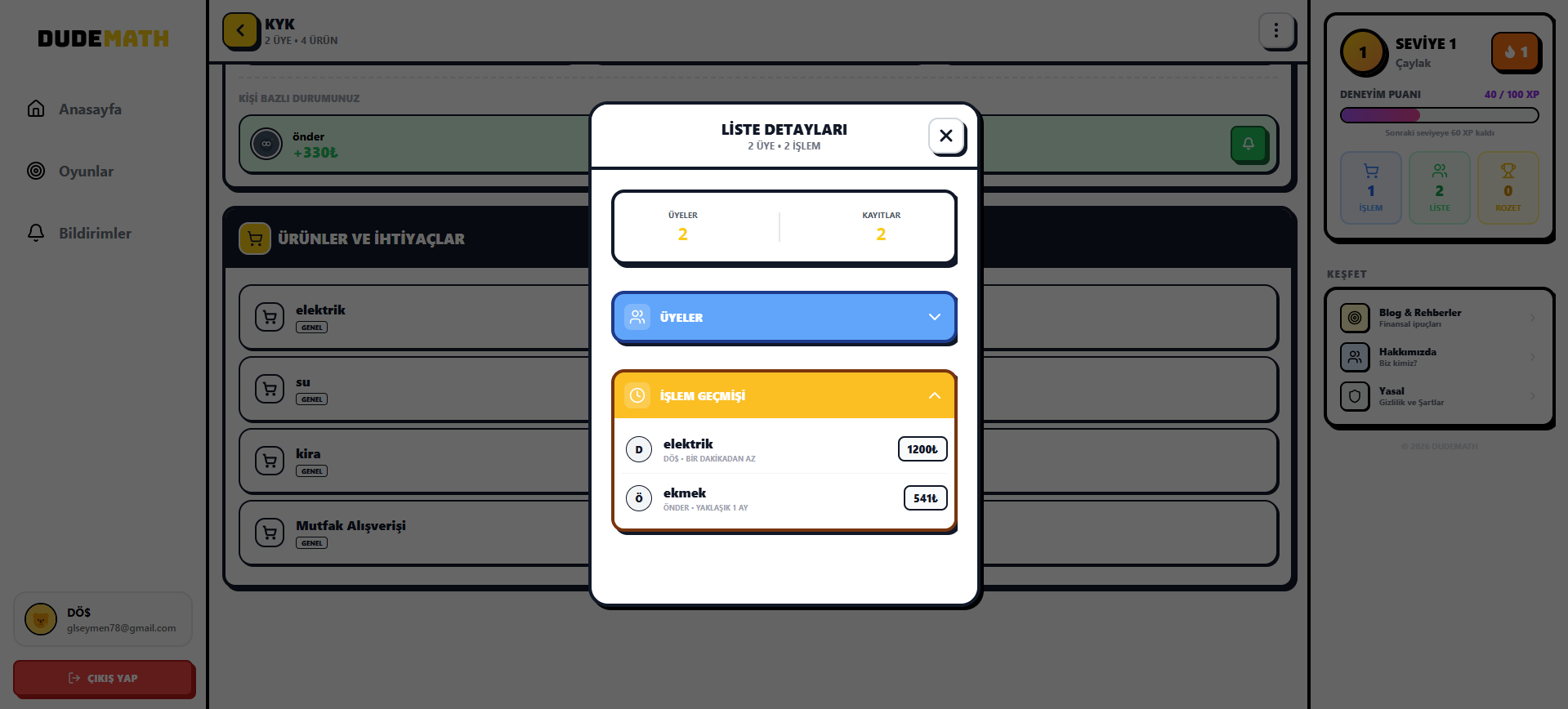 Dudemath Grup Hesap ve Bilanço Ekranı